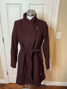 Michael Kors Burgundy Wool-Blend Asymmetrical Belted Coat,  Size S